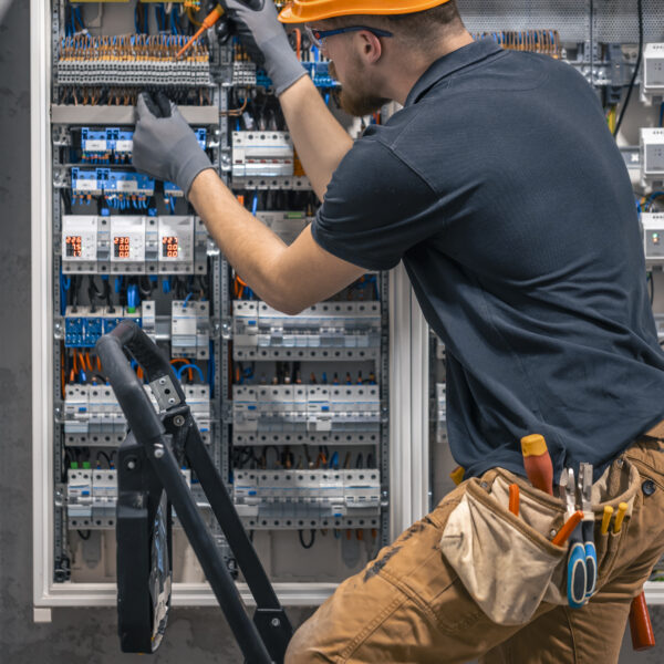 Male electrician working in a switchboard with fuses. Installation and connection of electrical equipment. Professional with tools in hand.
